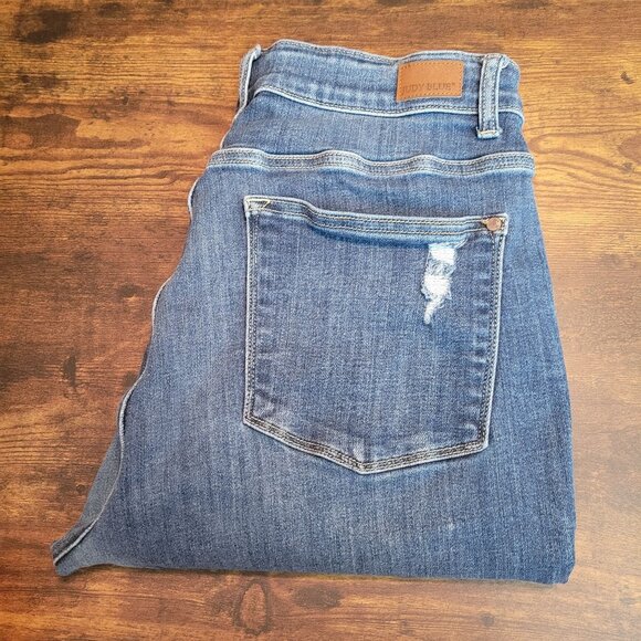 Judy Blue Jeans 14 W Skinny Fit Raw Hem Medium Dark Wash Ripped Stretch - Picture 3 of 12